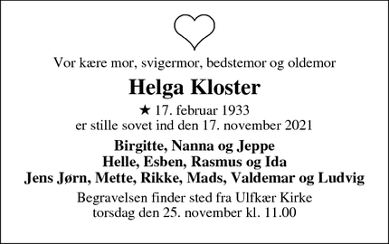 Dødsannoncen for Helga Kloster - Ulfborg
