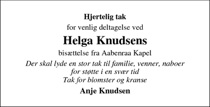 Dødsannoncen for Helga Knudsens - Aabenraa