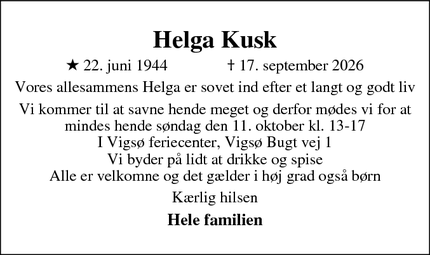 Dødsannoncen for Helga Kusk - København