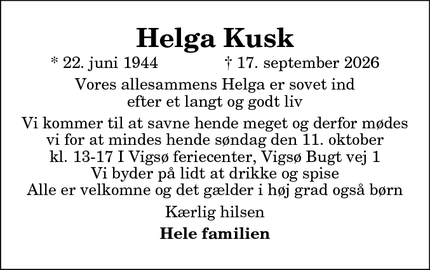 Dødsannoncen for Helga Kusk - København