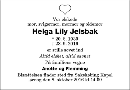 Dødsannoncen for Helga Lily Jelsbak - Sakskøbing