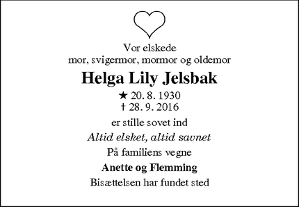 Dødsannoncen for Helga Lily Jelsbak - Sakskøbing