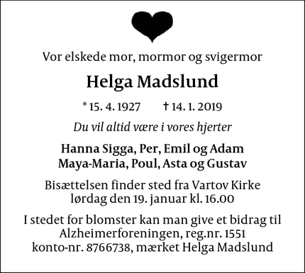 Dødsannoncen for Helga Madslund - Frederiksberg