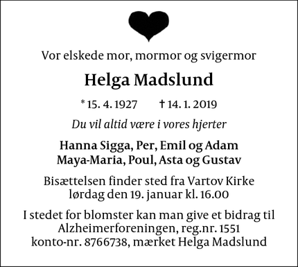 Dødsannoncen for Helga Madslund - Frederiksberg