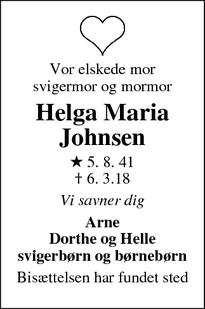 Dødsannoncen for Helga Maria Johnsen - Fredericia