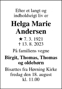 Dødsannoncen for Helga Marie Andersen - Hørning