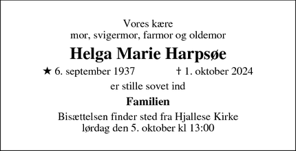 Dødsannoncen for Helga Marie Harpsøe - Odense