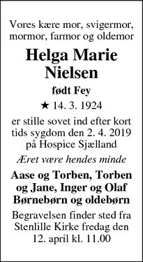 Dødsannoncen for Helga Marie Nielsen  - Stenlille