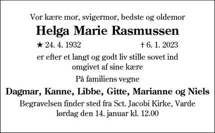 Dødsannoncen for Helga Marie Rasmussen - Varde
