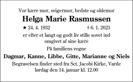 Dødsannoncen for Helga Marie Rasmussen - Varde