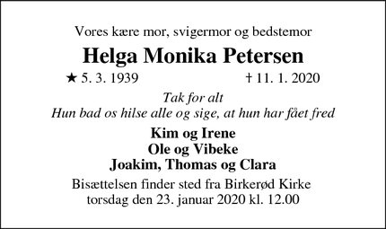 Dødsannoncen for Helga Monika Petersen - Birkerød