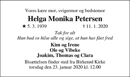 Dødsannoncen for Helga Monika Petersen - Birkerød
