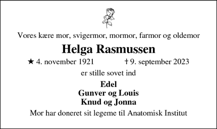 Dødsannoncen for Helga Rasmussen - Tranebjerg