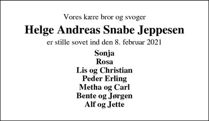 Dødsannoncen for Helge Andreas Snabe Jeppesen - Ringkøbing