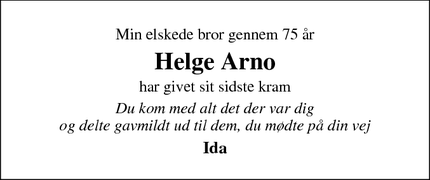 Dødsannoncen for Helge Arno - GRENAA