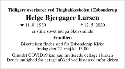 Dødsannoncen for Helge Bjergager Larsen - Esbønderup