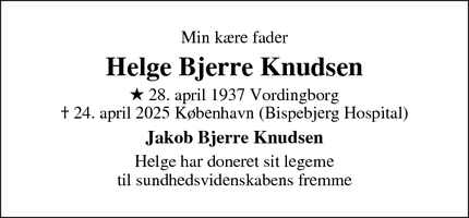 Dødsannoncen for Helge Bjerre Knudsen - København 