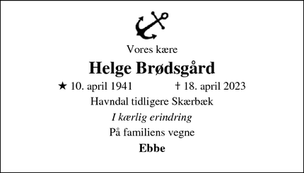 Dødsannoncen for Helge Brødsgård - Havndal
