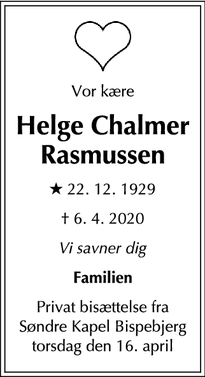 Dødsannoncen for Helge Chalmer Rasmussen - København Ø