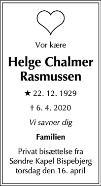 Dødsannoncen for Helge Chalmer Rasmussen - København Ø