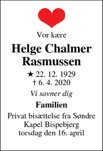 Dødsannoncen for Helge Chalmer Rasmussen - København Ø
