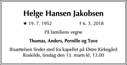 Dødsannoncen for Helge Hansen Jakobsen - Roskilde