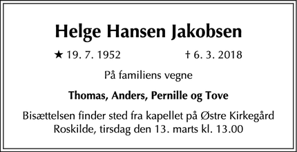 Dødsannoncen for Helge Hansen Jakobsen - Roskilde