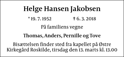Dødsannoncen for Helge Hansen Jakobsen - Roskilde