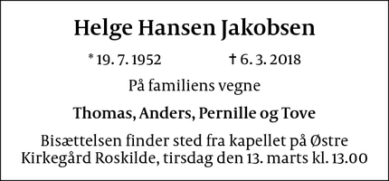 Dødsannoncen for Helge Hansen Jakobsen - Roskilde