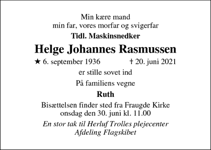 Dødsannoncen for Helge Johannes Rasmussen - Odense