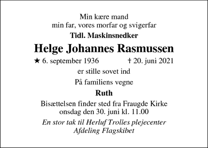 Dødsannoncen for Helge Johannes Rasmussen - Odense