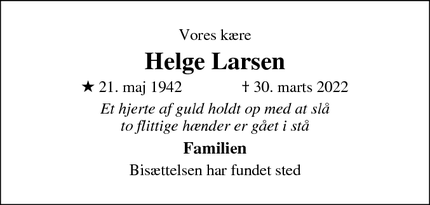 Dødsannoncen for Helge Larsen - Brøndby