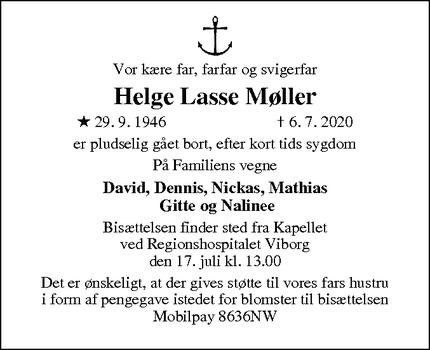 Dødsannoncen for Helge Lasse Møller - Viborg