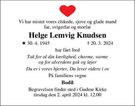 Dødsannoncen for Helge Lemvig Knudsen - Gudme