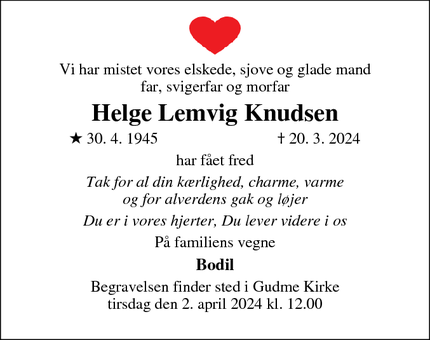 Dødsannoncen for Helge Lemvig Knudsen - Gudme