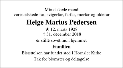 Dødsannoncen for Helge Marius Pedersen - Hornslet