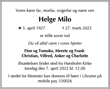Dødsannoncen for Helge Milo - Fredensborg