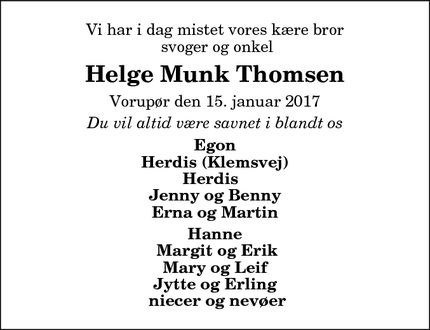 Dødsannoncen for Helge Munk Thomsen - Thisted dagblad 