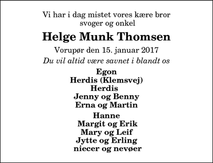 Dødsannoncen for Helge Munk Thomsen - Thisted dagblad 