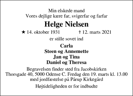Dødsannoncen for Helge Nielsen - Odense