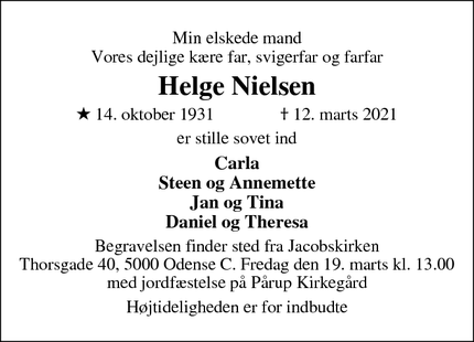 Dødsannoncen for Helge Nielsen - Odense