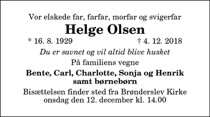 Dødsannoncen for Helge Olsen - Nørresundby