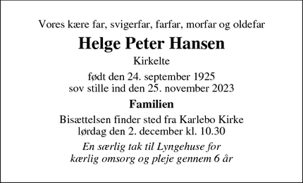 Dødsannoncen for Helge Peter Hansen - Frederikssund