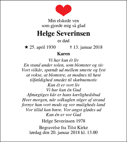 Dødsannoncen for Helge Severinsen - Roskilde