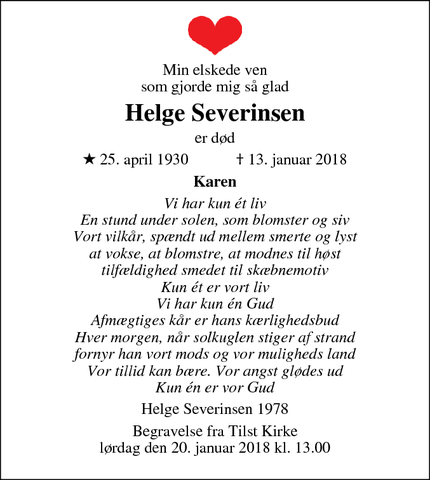Dødsannoncen for Helge Severinsen - Roskilde