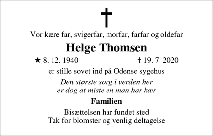 Dødsannoncen for Helge Thomsen - haarby