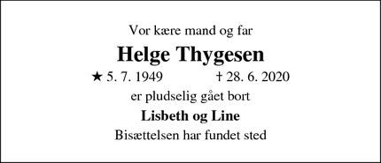 Dødsannoncen for Helge Thygesen - Brabrand