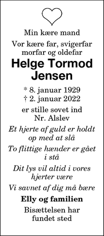 Dødsannoncen for Helge Tormod
Jensen - Nr. Alslev