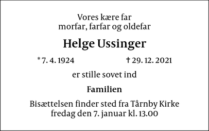 Dødsannoncen for Helge Ussinger - Greve
