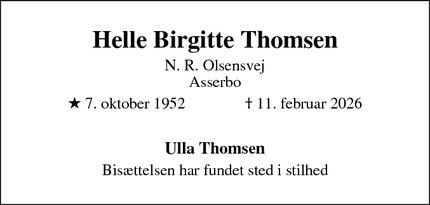 Dødsannoncen for Helle Birgitte Thomsen - Gentofte